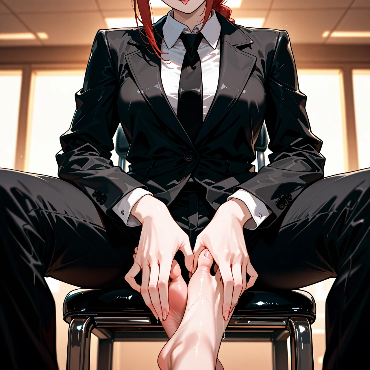 2girls, (femdom), (presenting foot), (sitting on chair), (on knees), (licking_foot), (looking at viewer),(skinny), @makima, @higashiyama_kobeni, (frontview), (full_body), (office suit)