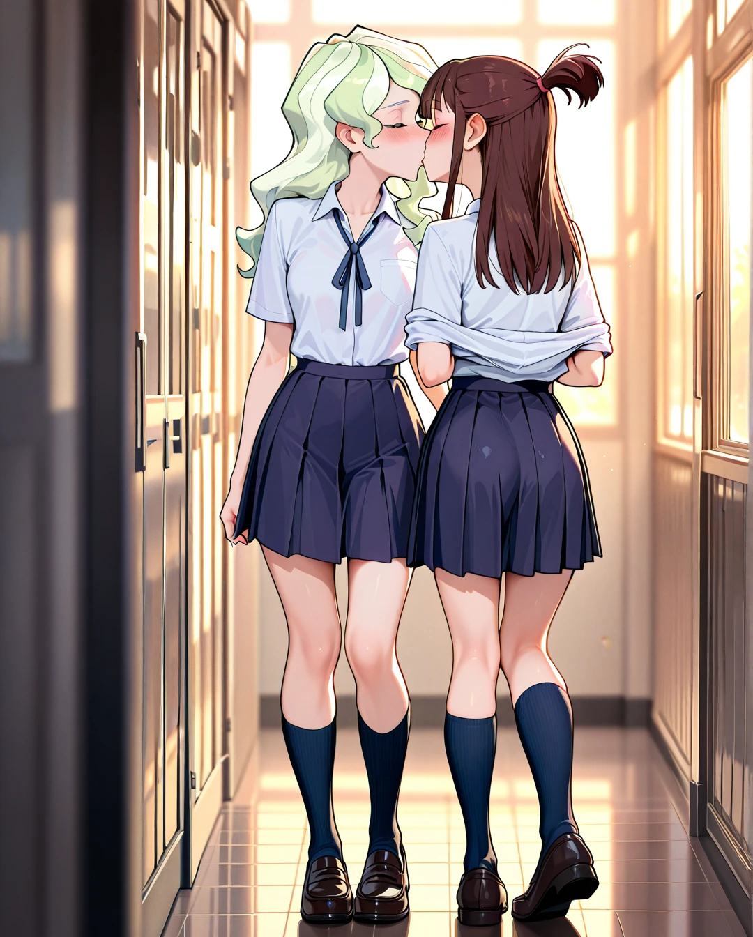 @diana_cavendish, @kagari_atsuko,   2_girls,  (full_body),  schoolgirls, school_uniform, socks, skirt, shoes,  teen, petite, (skinny),  clothed,  (blush), (open_mouth),  (kissing_neck), (implied_yuri), (undressing),