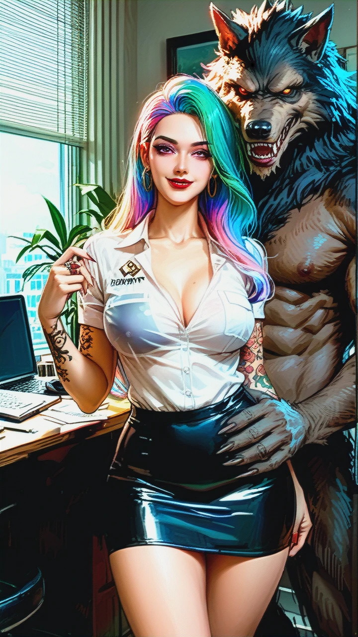 @Queen Celestia (sexy, curvy body, medium breasts, sun-tattoo on arm, lipstick, seductive smile, see-trough blouse, see-trough skirt), Werewolf (larger male, boyfriend, behind female, poking whit knotted cock), (office)