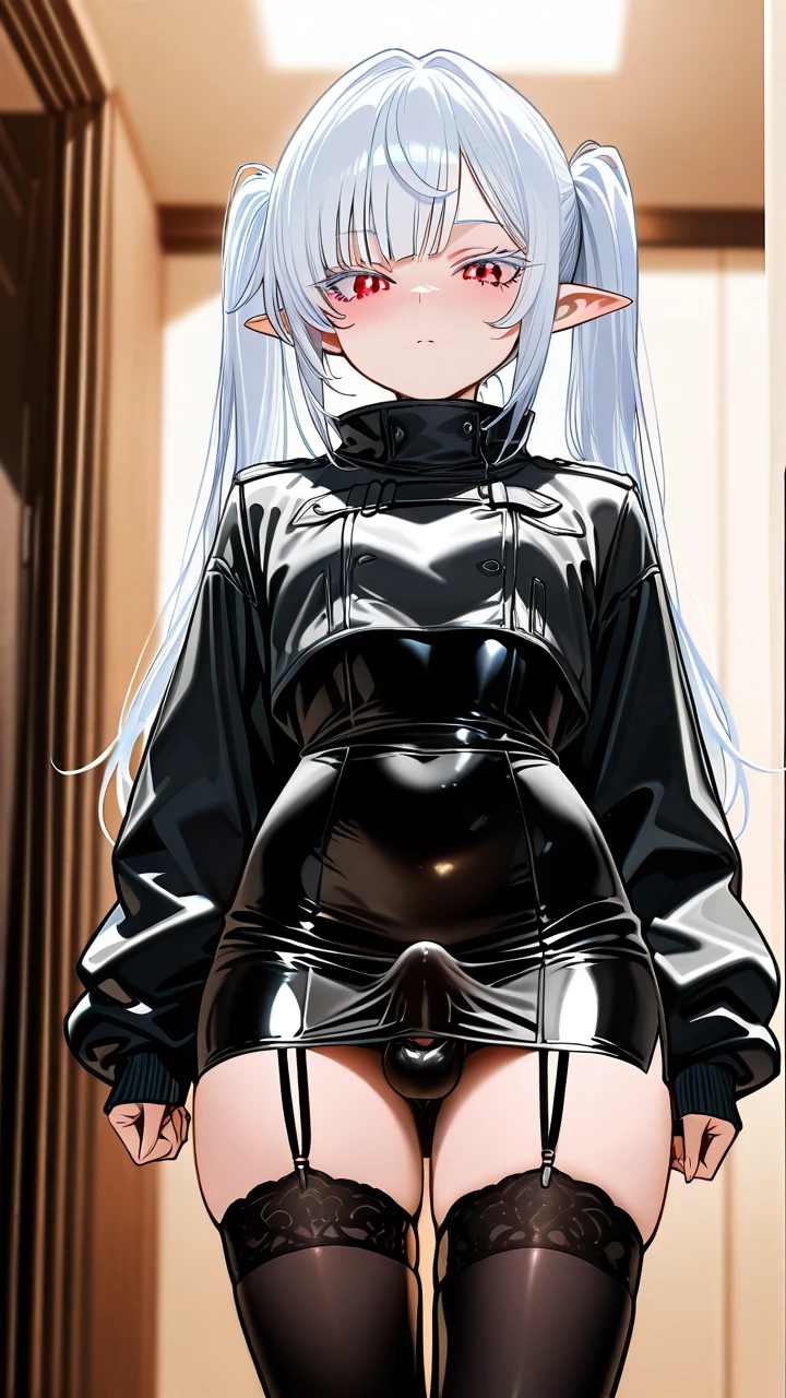 (otoko_no_ko) white_hair long_hair twin_ponytails white_eyelashes (red_eyes) pointy_ears side_bangs pencil_dress white_thighhighs garter_straps white_fur_jacket penis_bulge erection_under_dress