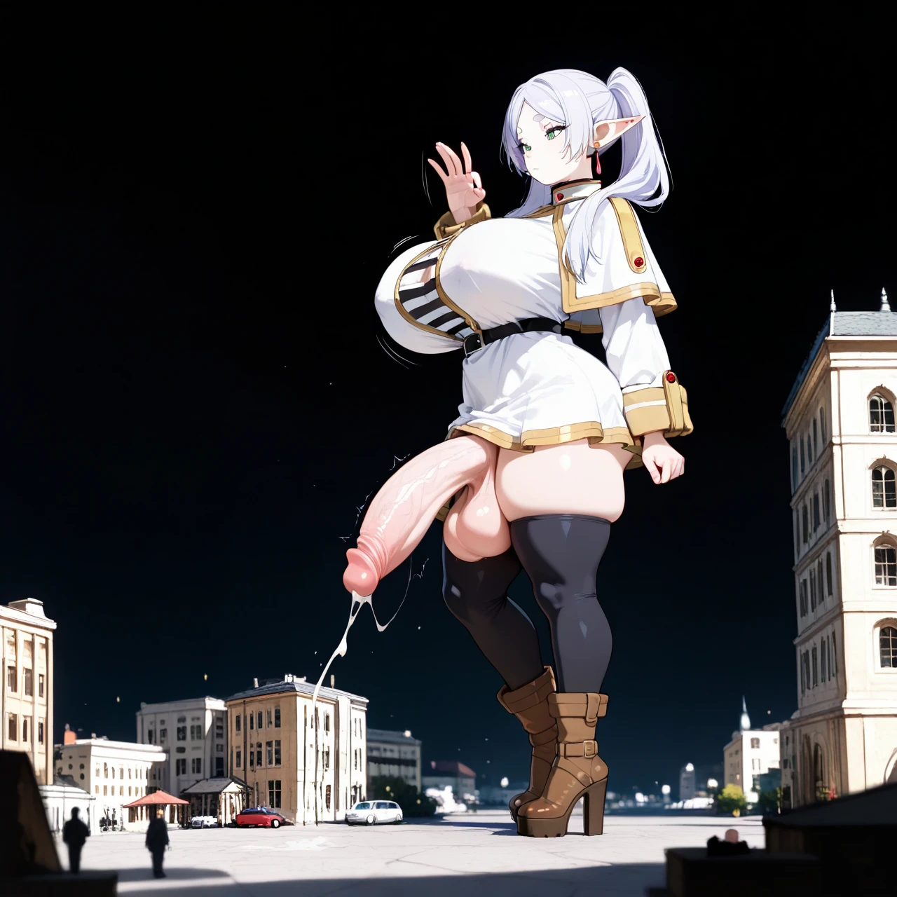 @frieren  , (giant), high platform heels,high  socks, gigantic breats,,futanari,breast expansion, big penis,, thick thighs ,  building (penetration_gesture)