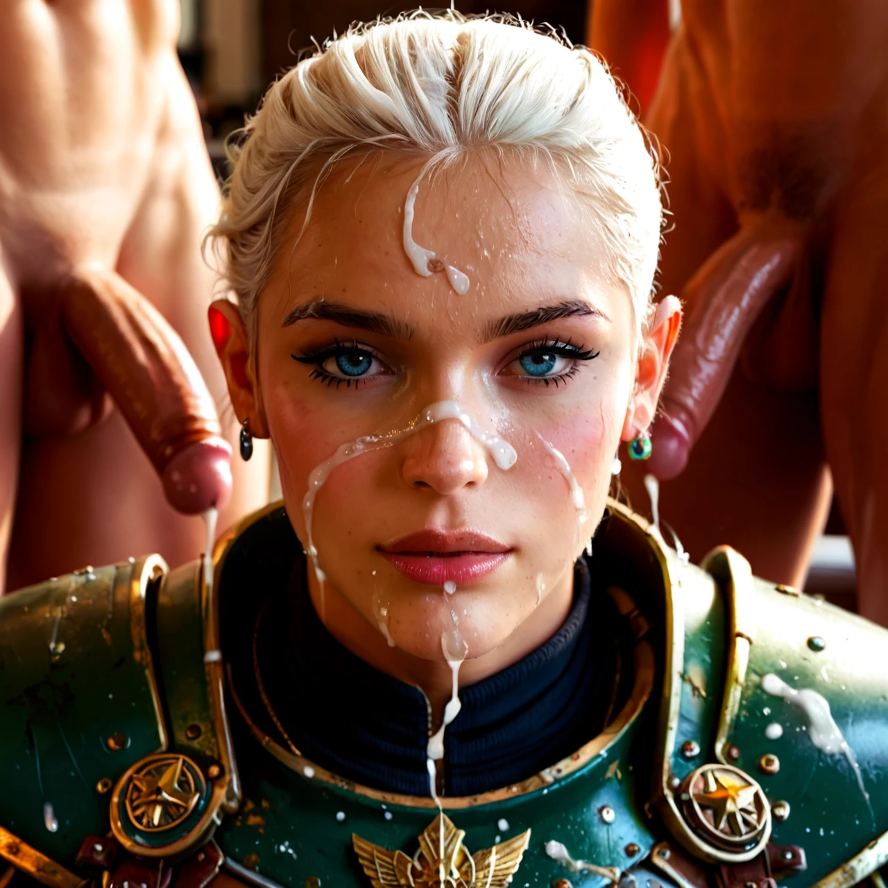 girls in warhammer armor  (covered_penetration)  (white hair) (shaved pussy)   (bukkake) (cum on face)