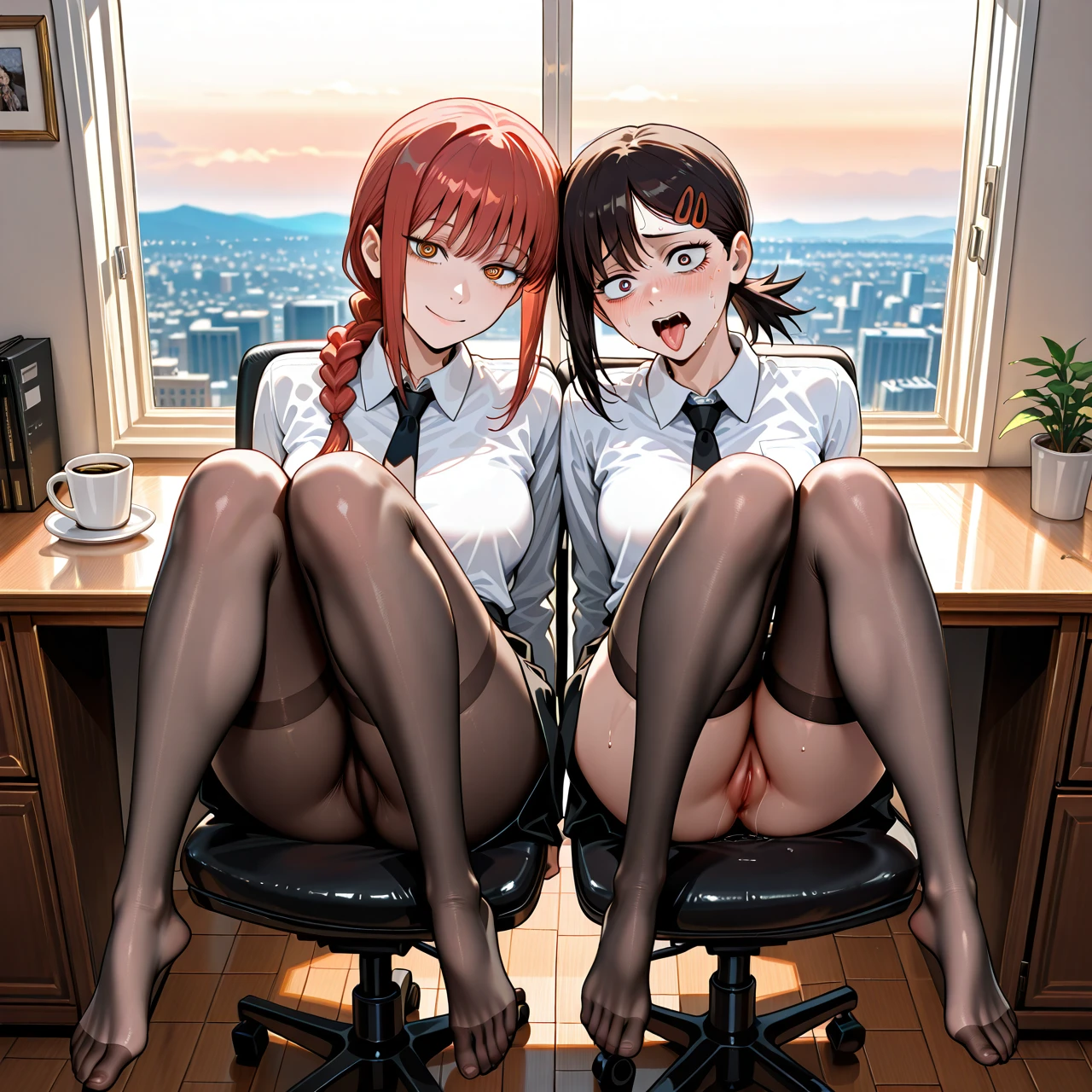 2girl, Diverse set of Unique people each with their own Distinct look presenting a strong individual identity and personal style, In an office setting, (Makima is sitting on a chair holding a cup of coffee with a pleased dominant look). The scene captures the stark contrast in their (power dynamics), illustrating the tension and submission between the two girls.  (Kobeni, with a submissive scared look, is seen on her knees licking Makima's foot, she is wearing black skirt and stockings), @higashiyama_kobeni,  @makima, (landscape view), lesbian sex