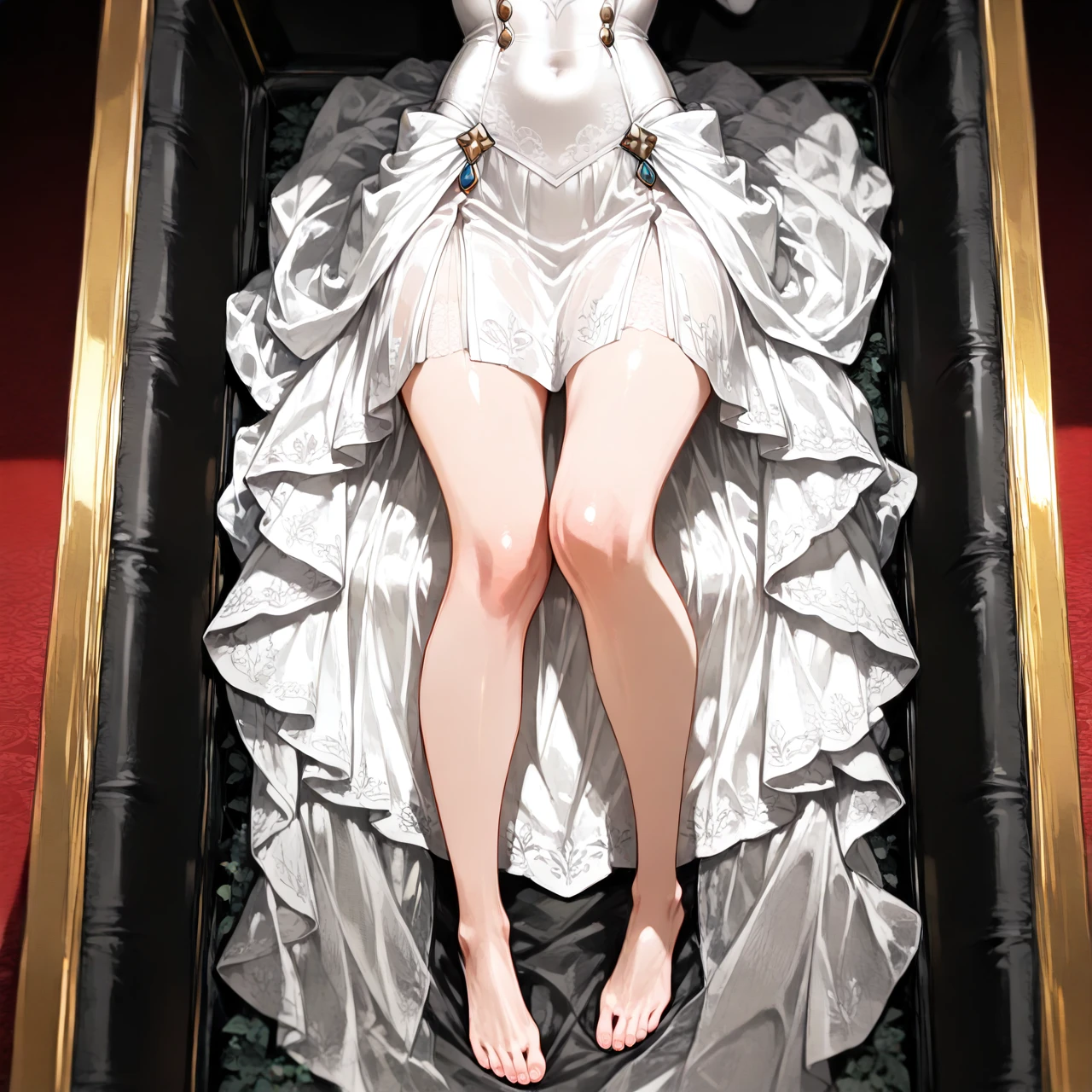 Artoria Pendragon (lying) dead in a coffin and completely barefoot with a bride's dress. Show full body from head to toe