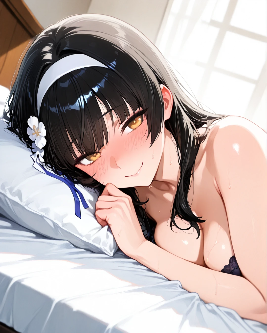 @type95_girls_frontline, (embarrassed), (smile), lying on bed, (on_side), (full_body)