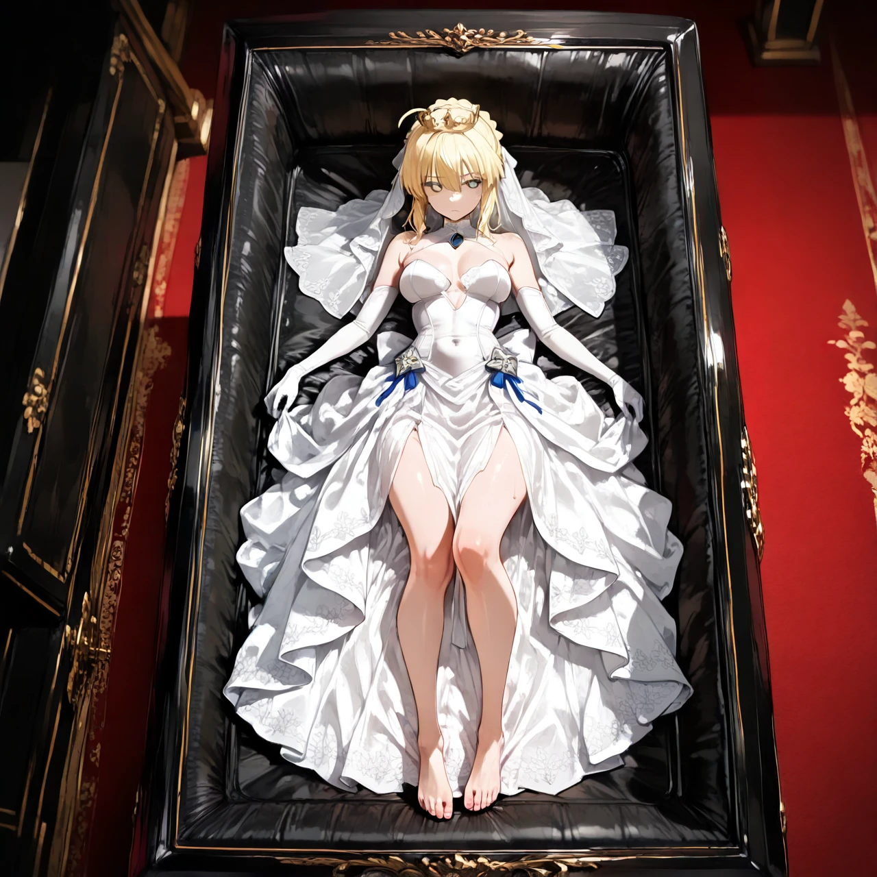 Artoria Pendragon (lying) dead in a coffin and completely barefoot with a bride's dress. Show full body from head to toe