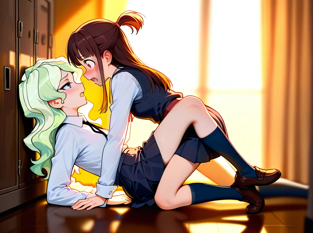 @diana_cavendish, @kagari_atsuko,   2_girls,  (full_body),  schoolgirls, school_uniform, socks, skirt, shoes,  teen, petite, (skinny),  clothed,  (blush), (open_mouth),(eye_contact),  (implied_yuri), (tribadism),