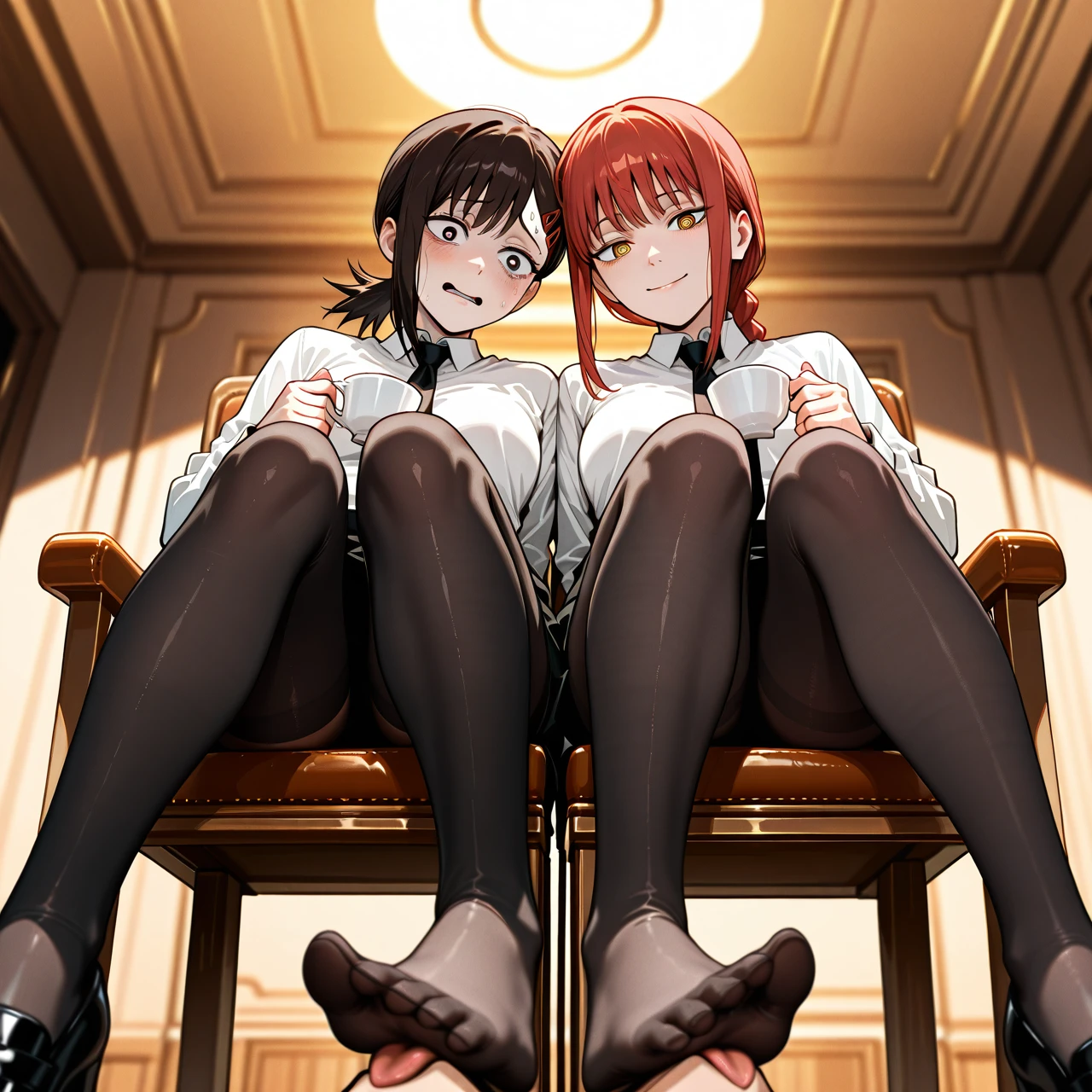 2girl, (Makima is sitting on a chair holding a cup of coffee with a pleased dominant look). @makima, (Kobeni, with a submissive scared look, is seen on her knees licking Makima's foot, she is wearing black skirt and stockings), @higashiyama_kobeni, The scene captures the stark contrast in their (power dynamics), illustrating the tension and submission between the two girls.