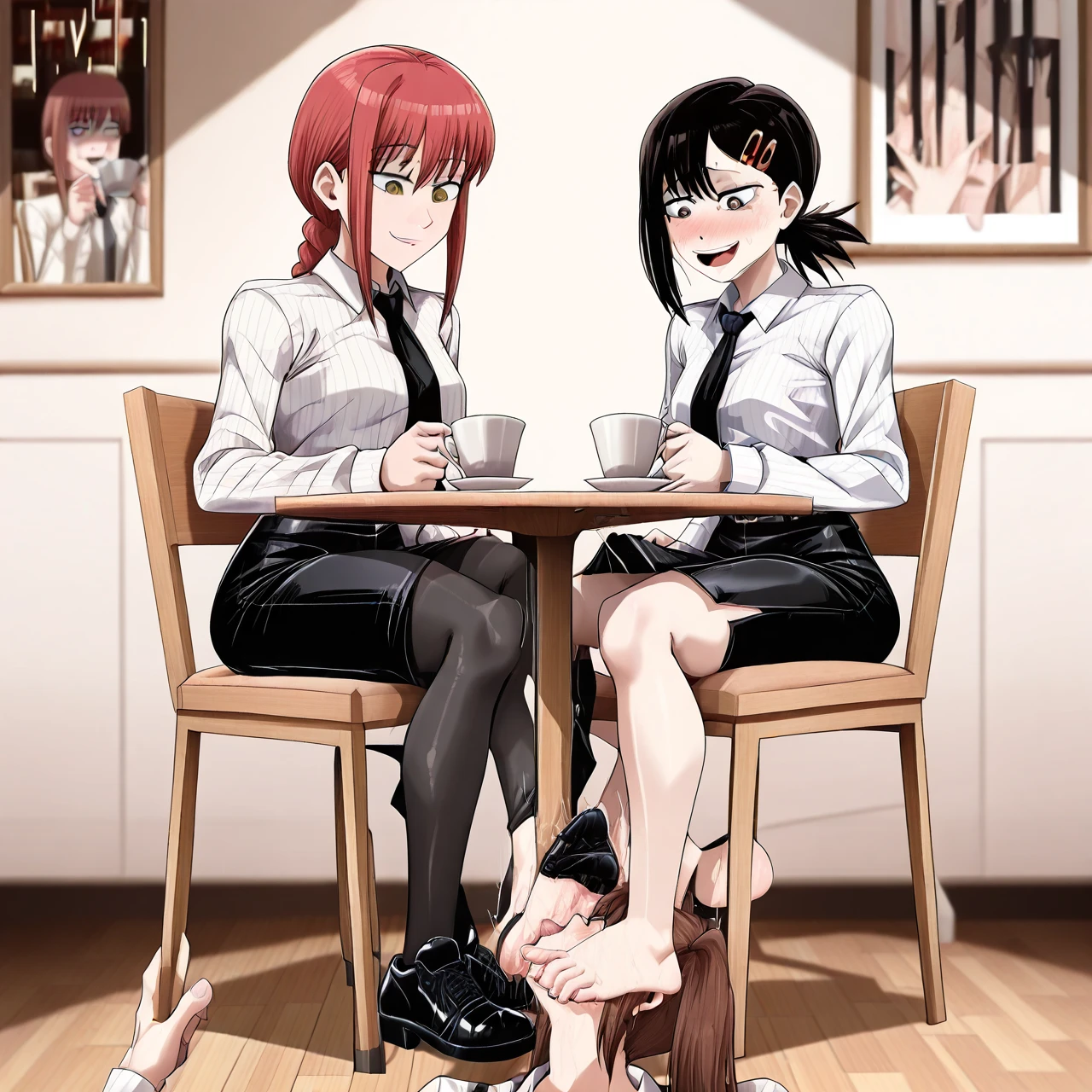 2girl, (Makima is sitting on a chair holding a cup of coffee with a pleased dominant look). @makima, BREAK (Kobeni, with a submissive scared look, is seen on her knees licking Makima's foot, she is wearing black skirt and stockings), @higashiyama_kobeni, The scene captures the stark contrast in their (power dynamics), illustrating the tension and submission between the two girls.