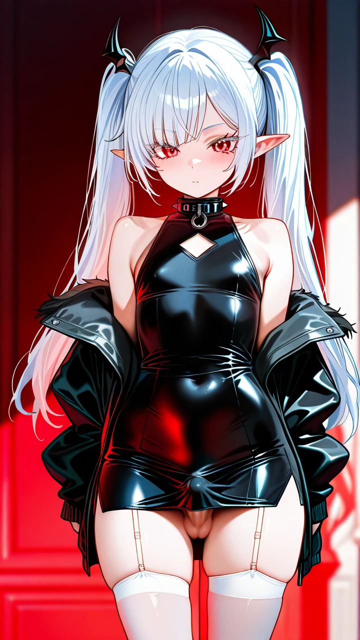 (otoko_no_ko) white_hair long_hair twin_ponytails white_eyelashes (red_eyes) pointy_ears side_bangs white_pencil_dress white_thighhighs garter_straps fur_jacket bare_shoulders collar penis_bulge erection_under_dress