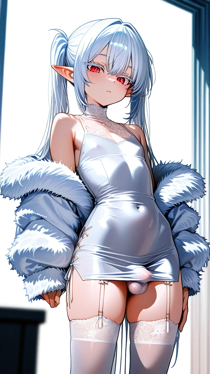 (otoko_no_ko) white_hair long_hair twin_ponytails white_eyelashes (red_eyes) pointy_ears cropped_bsngs white_dress pencil_dress white_thighhighs garter_straps fur_jacket bare_shoulders lace_collar penis_bulge erection_under_dress