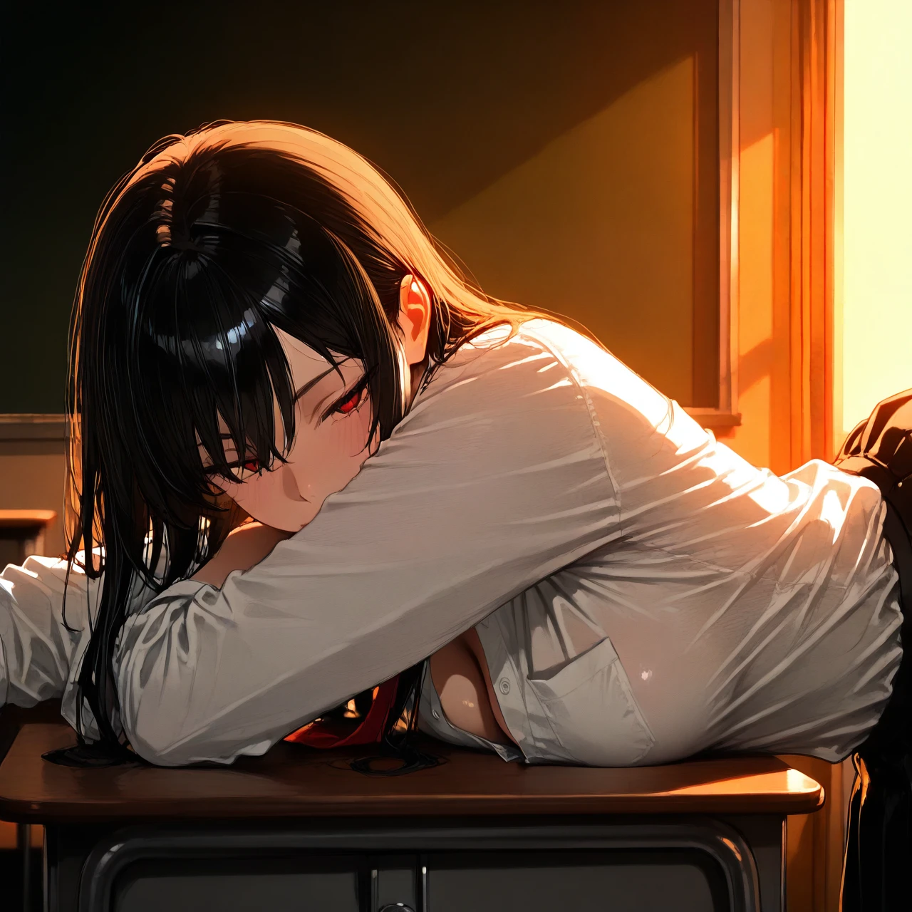 schoolgirl lying on his desk with his shirt unbuttoned.