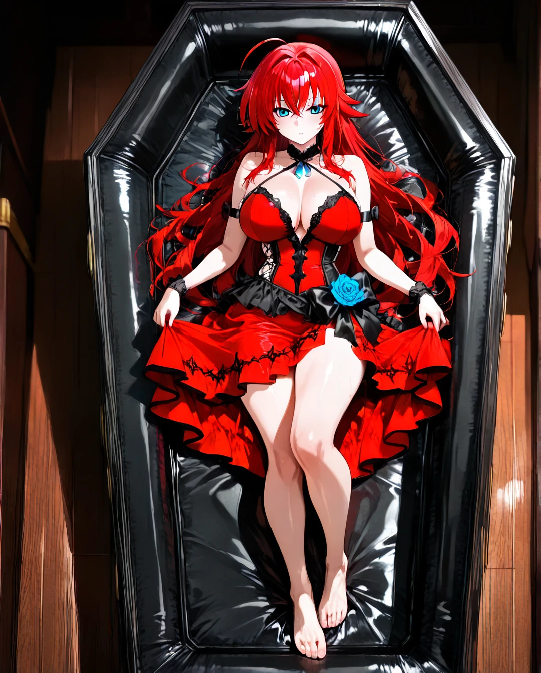 Rias Gremory (lying) dead in a coffin and completely barefoot with a red dress. Show full body from head to toe