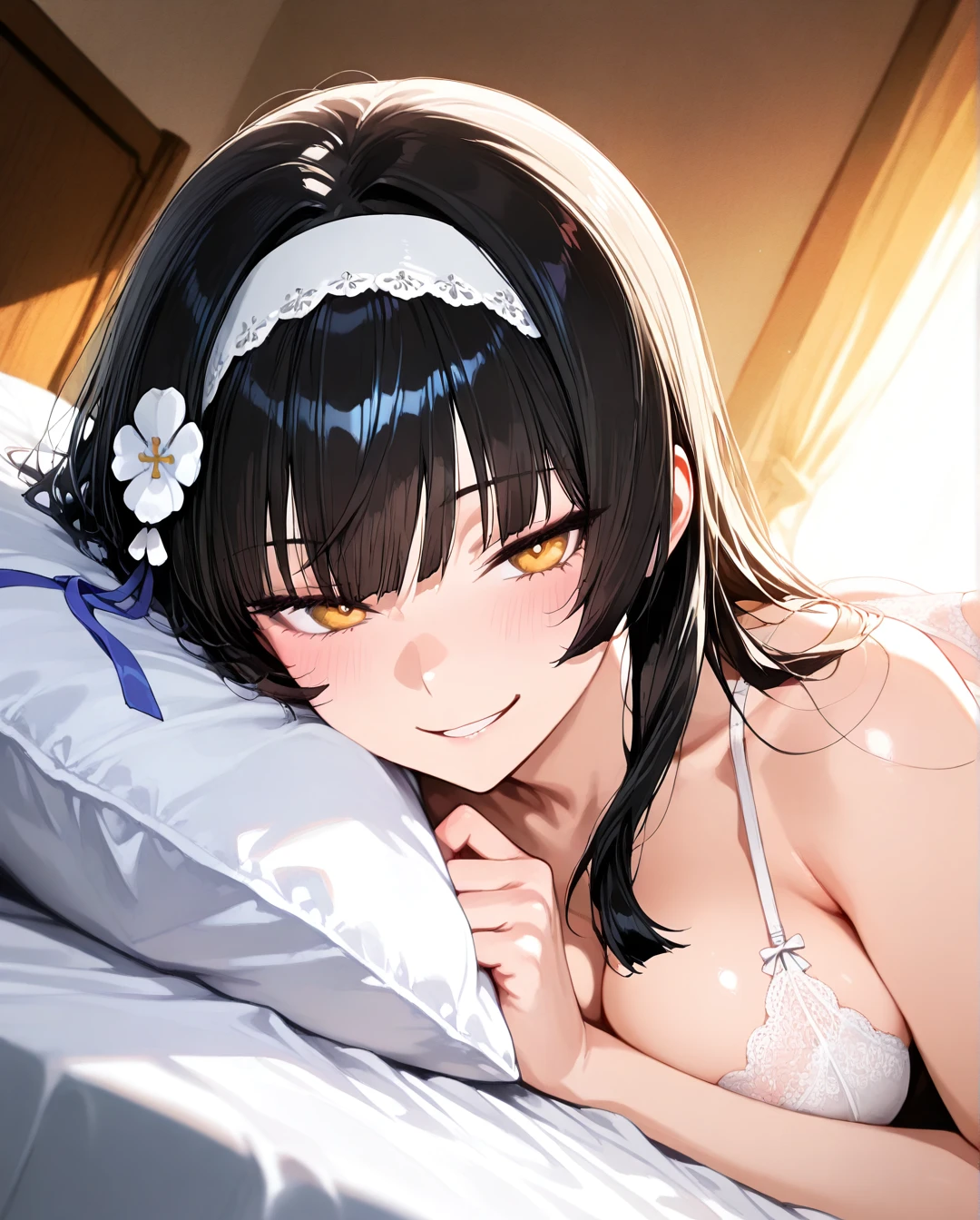 @type95_girls_frontline, (smirk), lacy underwear, lying on bed, (on_side), (full_body)