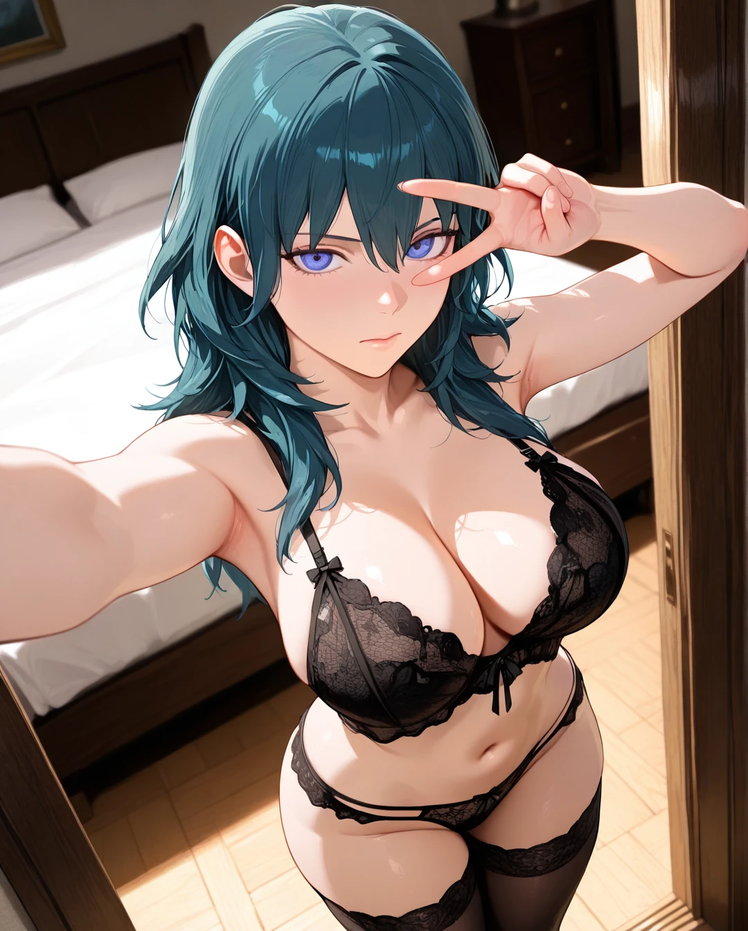 @byleth, solo, serious, blue eyes, black lingerie, black stockings, standing, bedroom, Takes a selfie, (v_over_eye)