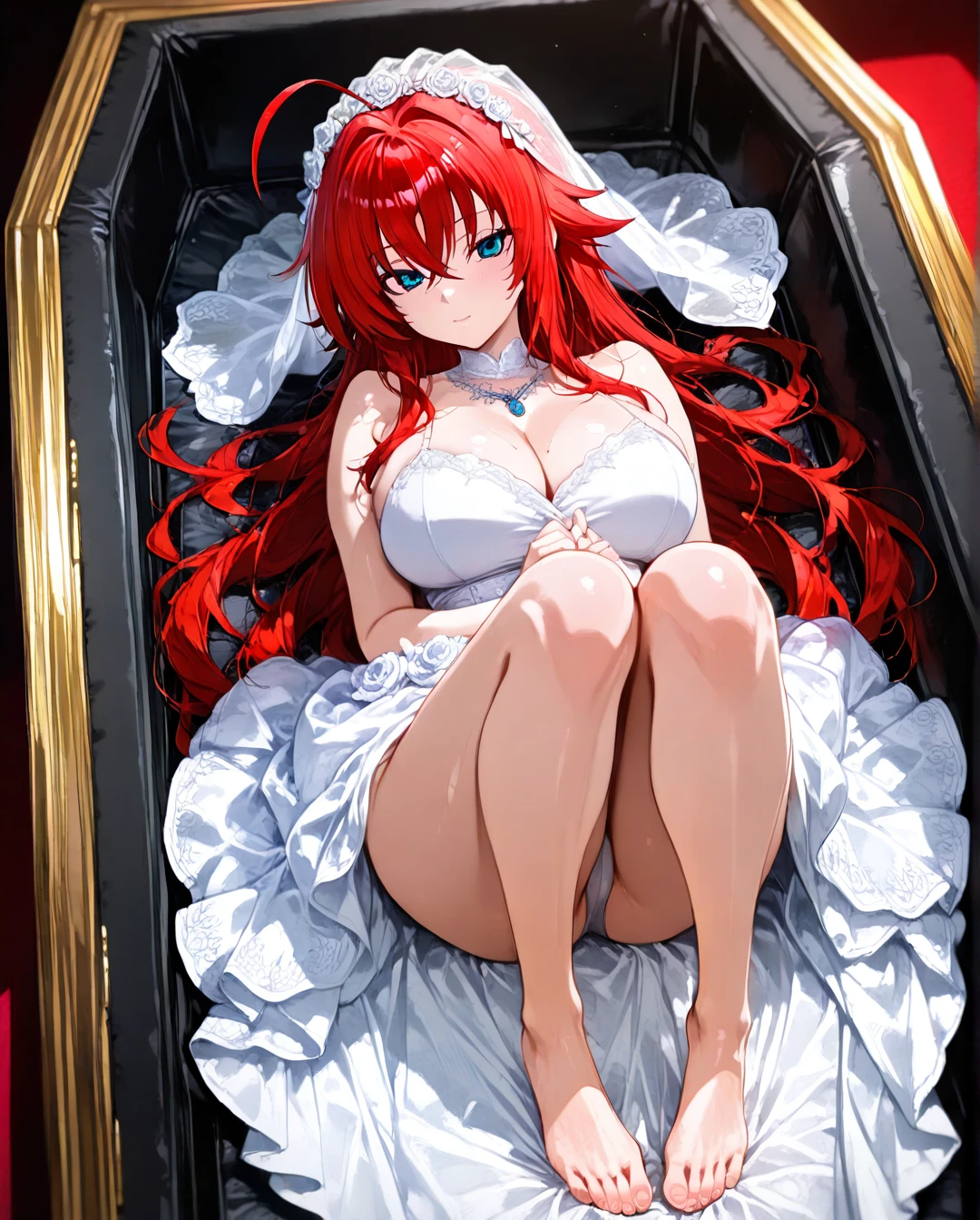 Rias Gremory (lying) dead in a coffin and completely barefoot with a bride's dress. Show full body from head to toe