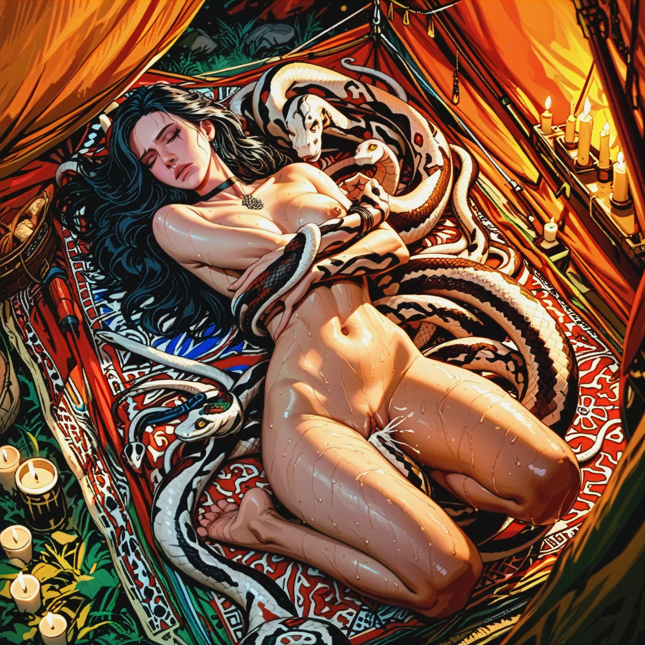 Yennefer,deep thrusting,naked,(solo_focus),sweaty,fucked ,lying,(reach-around) , full body ,large snakes,(closed_eyes),around her,tent,candles,night,lot of snakes,undressing,large snake,henna,(vaginal),(tentaclejob),(on_side),moan,bored,undressing skirt,tying her,henna,wild,ferocity,orgasm