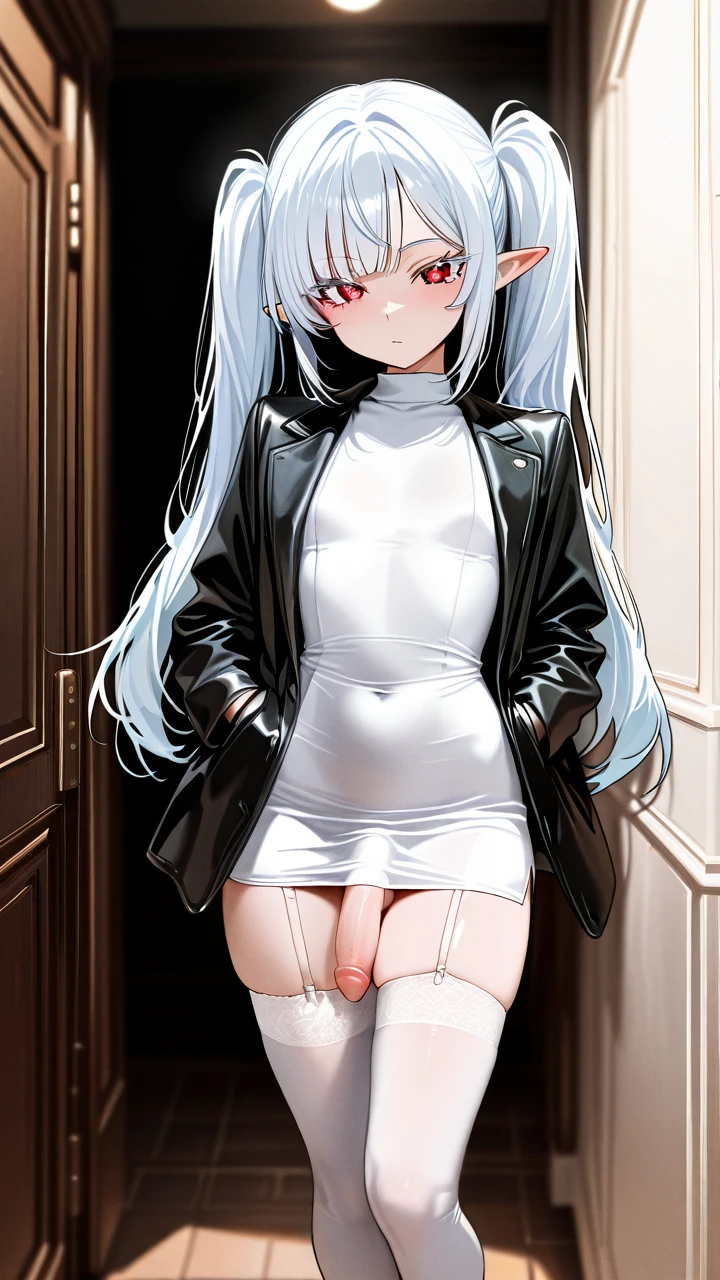 (otoko_no_ko) white_hair long_hair twin_ponytails white_eyelashes (red_eyes) pointy_ears side_bangs pencil_dress white_thighhighs garter_straps white_fur_jacket penis_bulge erection_under_dress