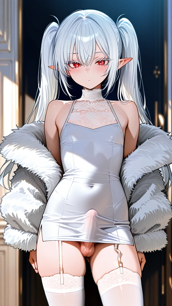 (otoko_no_ko) white_hair long_hair twin_ponytails white_eyelashes (red_eyes) pointy_ears cropped_bsngs white_dress pencil_dress white_thighhighs garter_straps fur_jacket bare_shoulders lace_collar penis_bulge erection_under_dress