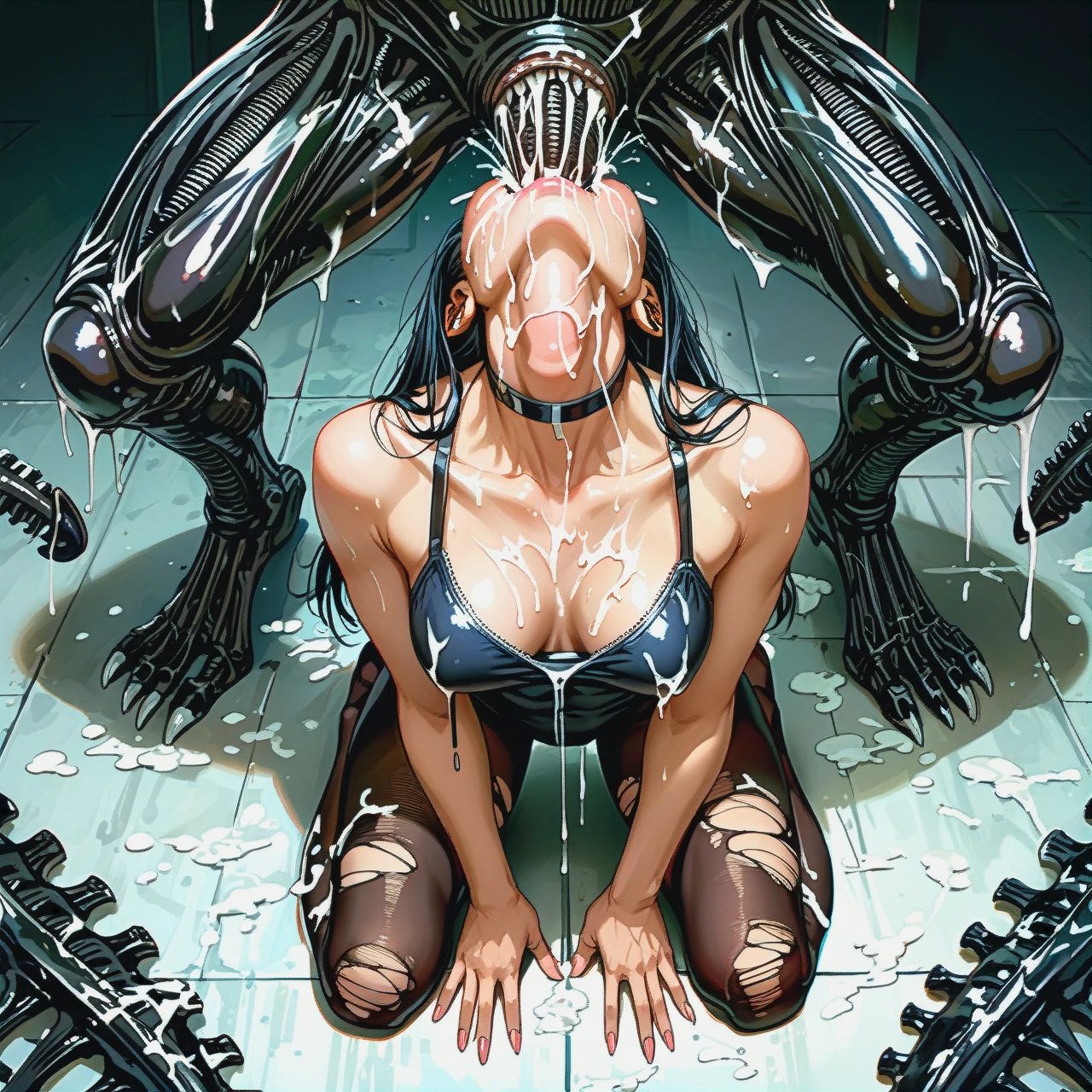 Nagatoro xenomorph torn tights (kneeling) (deepthroat) (head_back) without shoes (bukkake) (irrumatio)