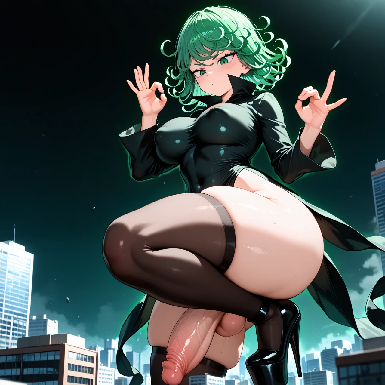 @tatsumaki  , (giant), high platform heels,high  socks, gigantic breats,,futanari,breast expansion, big penis,, thick thighs ,  building (penetration_gesture) ,