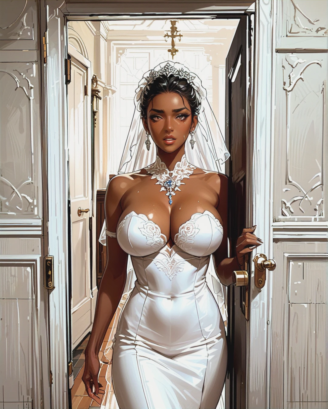 The dark skin man fucking bride. The Groom is Watching from door.