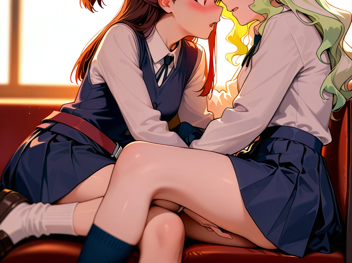 @diana_cavendish, @kagari_atsuko,   2_girls,  (full_body),  schoolgirls, school_uniform, socks, skirt, shoes,  teen, petite, (skinny),  clothed,  (blush), (open_mouth),(eye_contact),  (implied_yuri), (cuddling_handjob), (fingering),