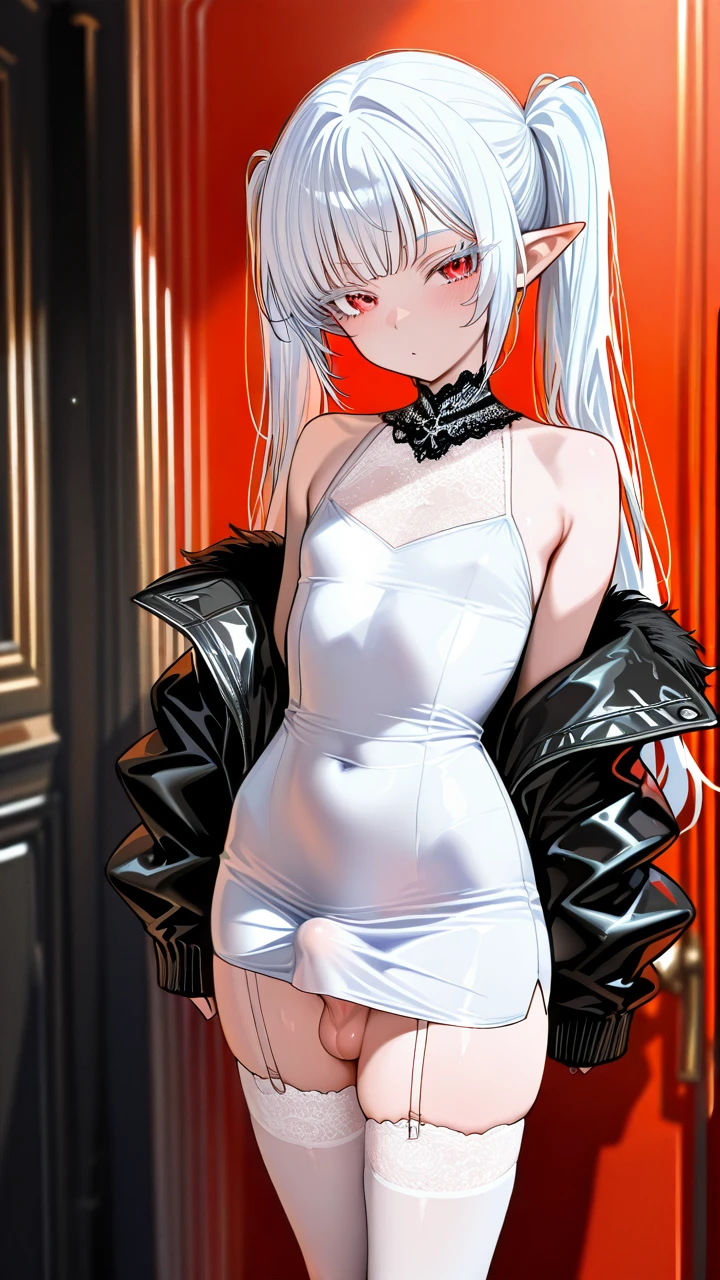 (otoko_no_ko) white_hair long_hair twin_ponytails white_eyelashes (red_eyes) pointy_ears cropped_bangs white_dress pencil_dress white_thighhighs garter_straps fur_jacket bare_shoulders lace_collar penis_bulge erection_under_dress