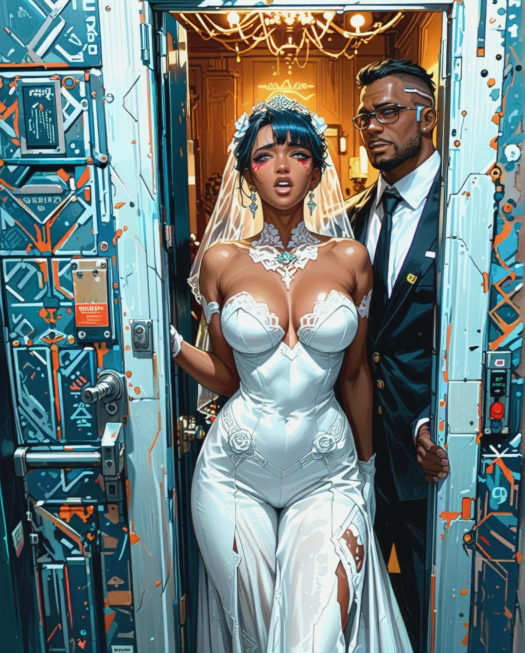 The dark skin man fucking bride, The Groom is Watching from door, Cyberpunk.