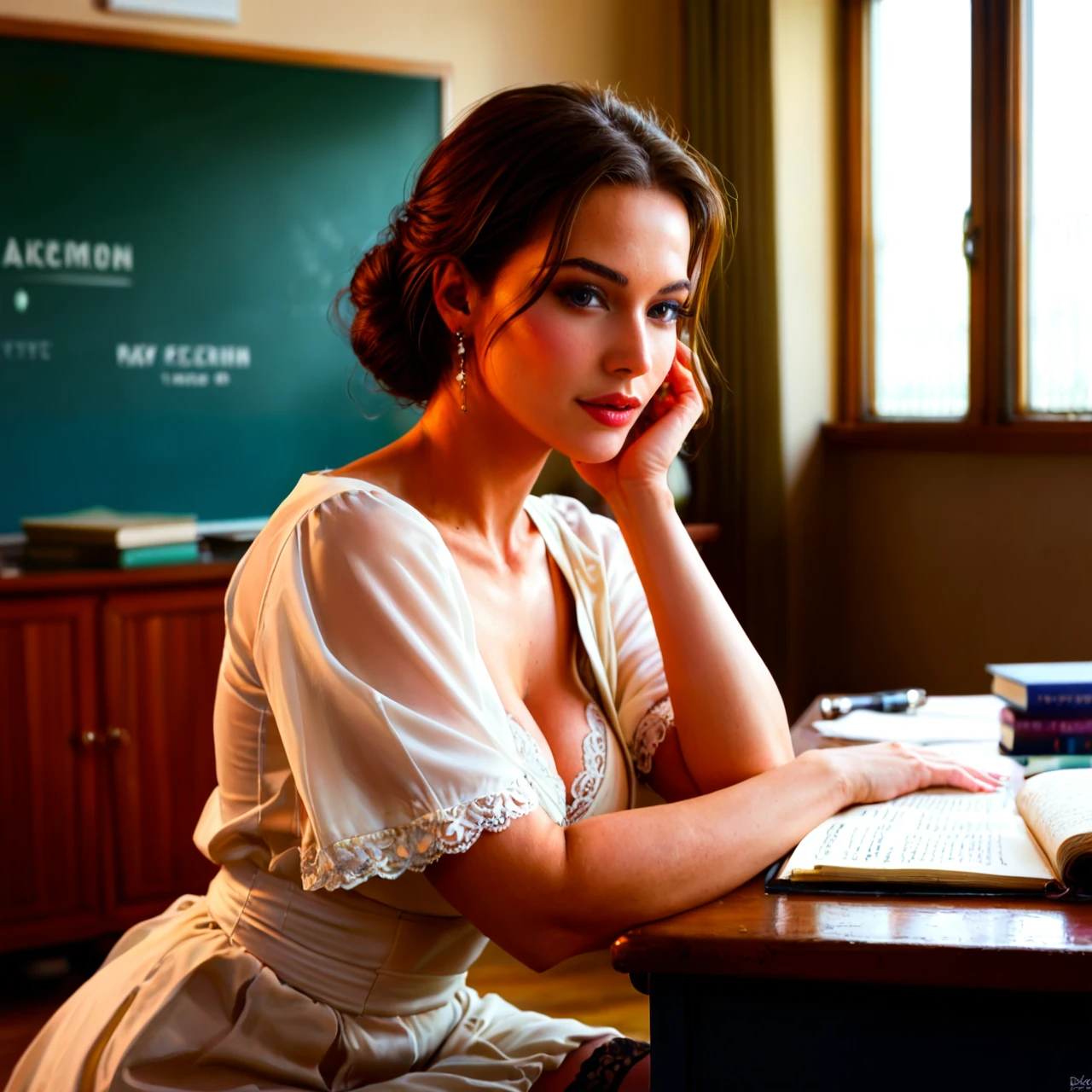 (mature_female) beautiful 40-year-old brunette woman, dressed in stylish, elegant clothes, sitting at a desk in a Russian school, illuminated by soft light, with a thoughtful expression on her face. The room contains school supplies and books on the desk, creating an atmosphere of a calm learning environment.