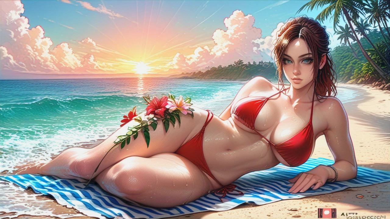 Claire Redfield, beautiful eyes, busty, cleavage, bikini, underboob, on beach, wet, thighs, beautiful sunset