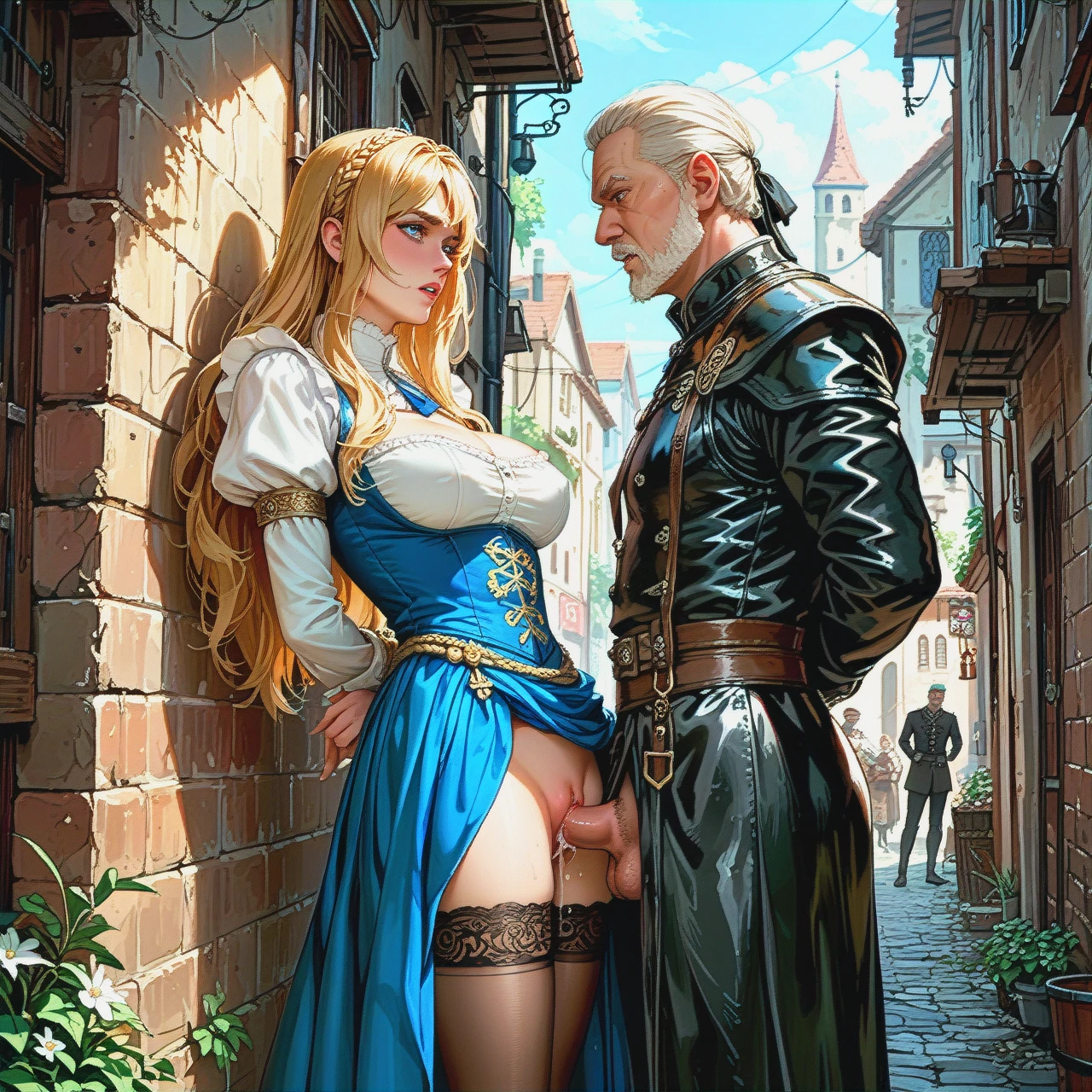 20 ages old, sheath dress, nylon stockings, large breasts, long hair, straight hair, blonde hair, blue eye, petite girl, arms behind back, medieval alley, brutal man fuck her in pussy, sex