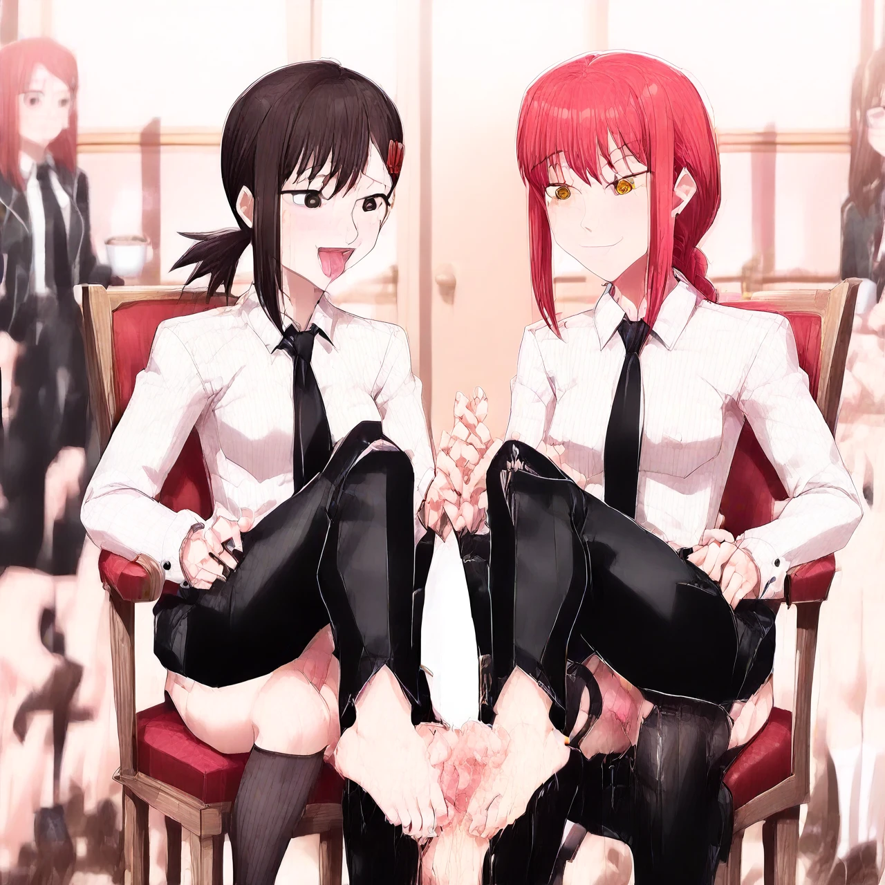 2girl, (Makima is sitting on a chair holding a cup of coffee with a pleased dominant look). @makima, BREAK (Kobeni, with a submissive scared look, is seen on her knees licking Makima's foot, she is wearing black skirt and stockings), @higashiyama_kobeni, BREAK The scene captures the stark contrast in their (power dynamics), illustrating the tension and submission between the two girls.