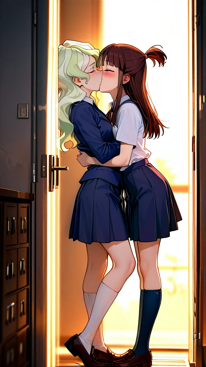 @diana_cavendish, @kagari_atsuko,   2_girls,  (full_body),  schoolgirls, school_uniform, socks, skirt, shoes,  teen, petite, (skinny),  clothed,  (blush), (open_mouth),  (kissing_neck), (implied_yuri), (undressing),