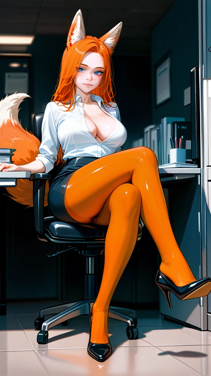 A girl ginger hair, blue eyes, freckles, looking on viewer, fox  ears, fox tail,  pubic hair, office, pencil skirt, office uniform, (one_breast_out), (crossed_legs), full body, flesh-colored pantyhose,