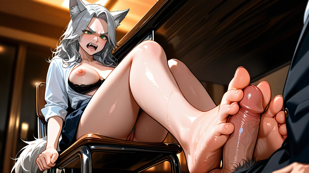 A girl, grey hair, grey eyebrows, green eyes, wolf ears, wolf tail, fangs, (angry), medium breast, (mature_female), grey pubic hair, school uniform, (skirt_lift),  sitting on chair, (bra_pull), nipples, footjob under table, penis,