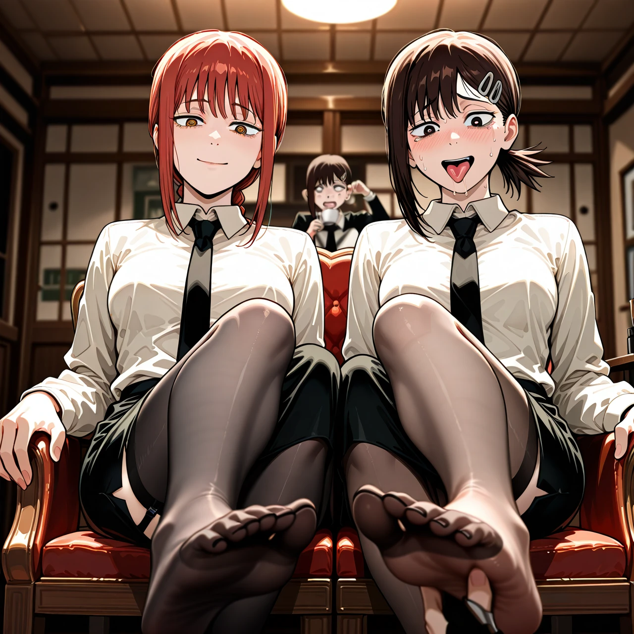 2girl, The scene captures the stark contrast in their (power dynamics), illustrating the tension and submission between the two girls. (Makima is sitting on a chair holding a cup of coffee with a pleased dominant look). @makima BREAK (Kobeni, with a submissive scared look, is seen on her knees licking Makima's foot, she is wearing black skirt and stockings), @higashiyama_kobeni