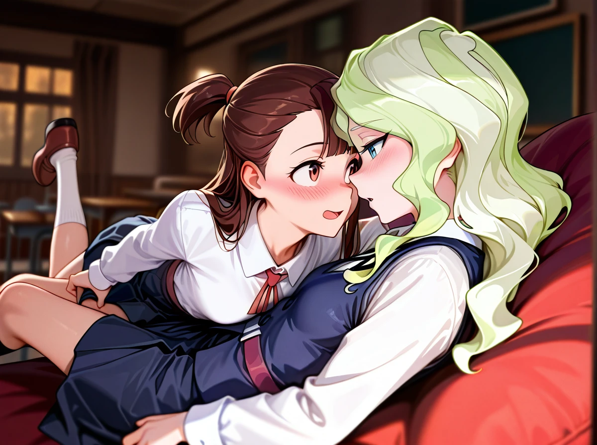 @diana_cavendish, @kagari_atsuko,   2_girls,  (full_body),  schoolgirls, school_uniform, socks, skirt, shoes,  teen, petite, (skinny),  clothed,  (blush), (open_mouth),(eye_contact),  (implied_yuri), (cuddling_handjob),