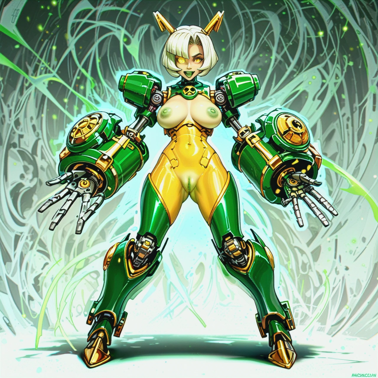 1girl, Robo-Fortune from Skullgirls, robot girl, yellow glowing eyes, detailed_face, open_mouth, white_metal_hair, large_breasts, breasts_out, green_areolae, green_nipples, green_insides, hole instead of pussy, (detached_pussy:1.3), disembodied_pussy, standing, holding_pussy, holding_onahole, metal_body, full_body_view, high_detailed, good_quality