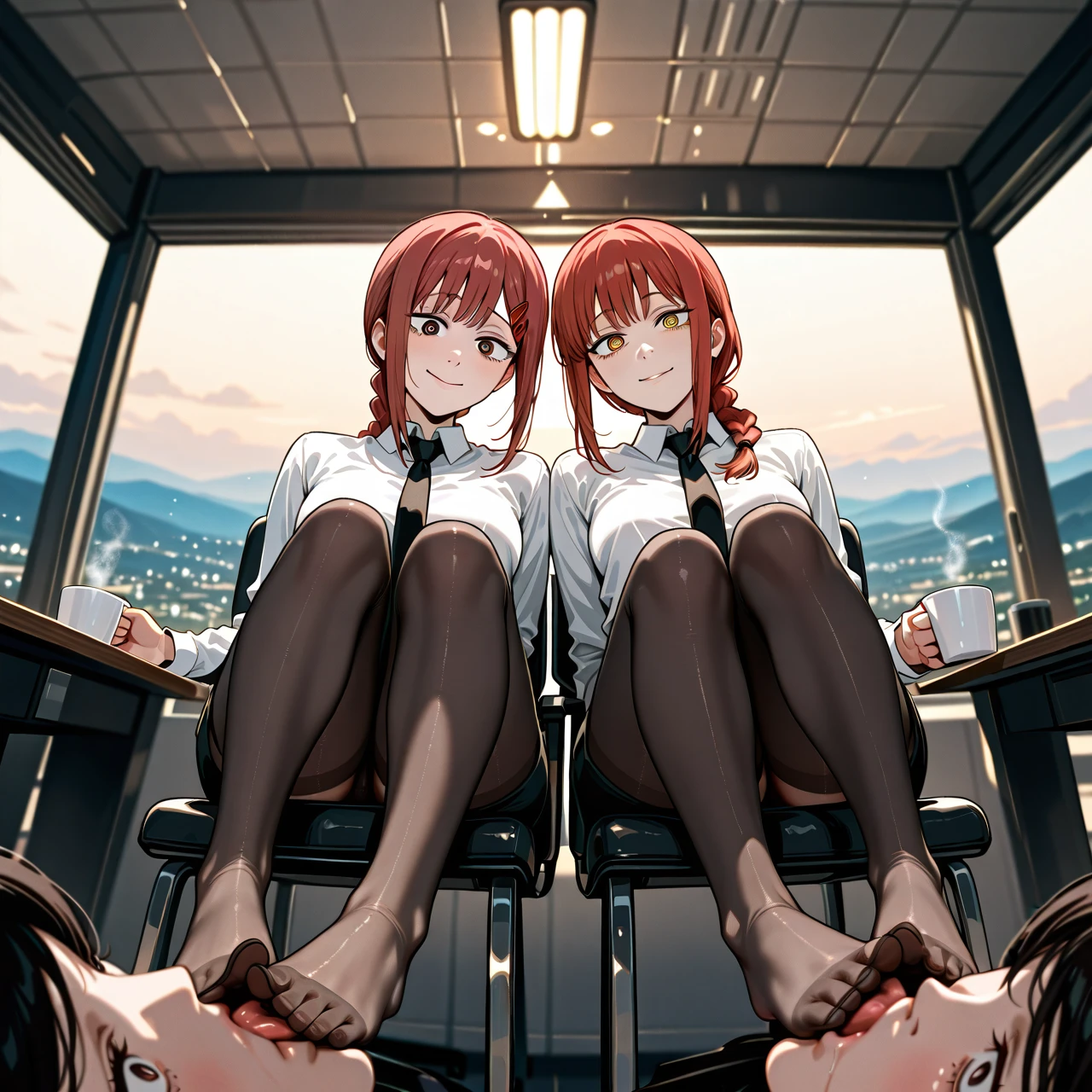 2girl, 2girls, In an office setting, (Makima is sitting on a chair holding a cup of coffee with a pleased dominant look). The scene captures the stark contrast in their (power dynamics), illustrating the tension and submission between the two girls.  (Kobeni, with a submissive scared look, is seen on her knees licking Makima's foot, she is wearing black skirt and stockings), @higashiyama_kobeni,  @makima, (landscape view), lesbian sex