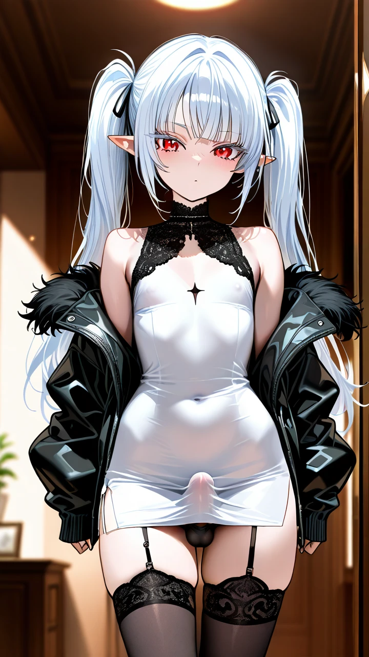 (otoko_no_ko) white_hair long_hair twin_ponytails white_eyelashes (red_eyes) pointy_ears side_bangs white_dress pencil_dress white_thighhighs garter_straps fur_jacket bare_shoulders lace_collar penis_bulge erection_under_dress