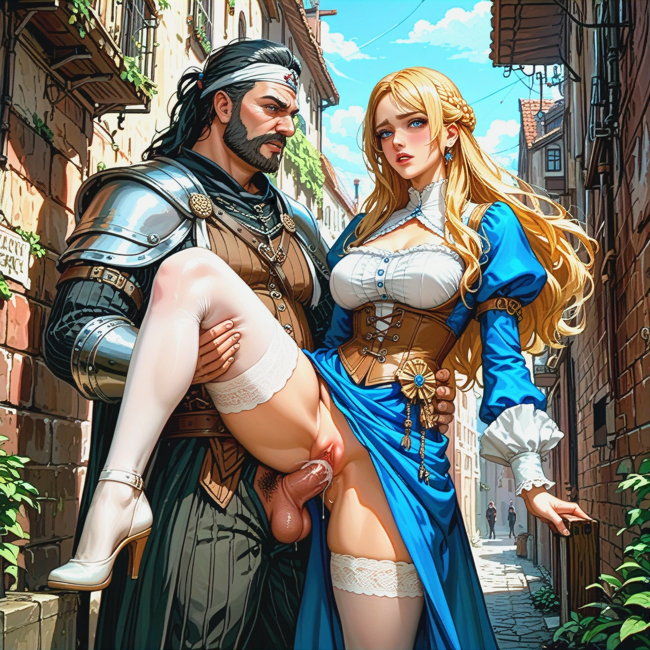 20 ages old, sheath dress, nylon stockings, large breasts, long hair, straight hair, blonde hair, blue eye, petite girl, (standing_on_one_leg) , medieval alley, brutal man fuck her in pussy, sex