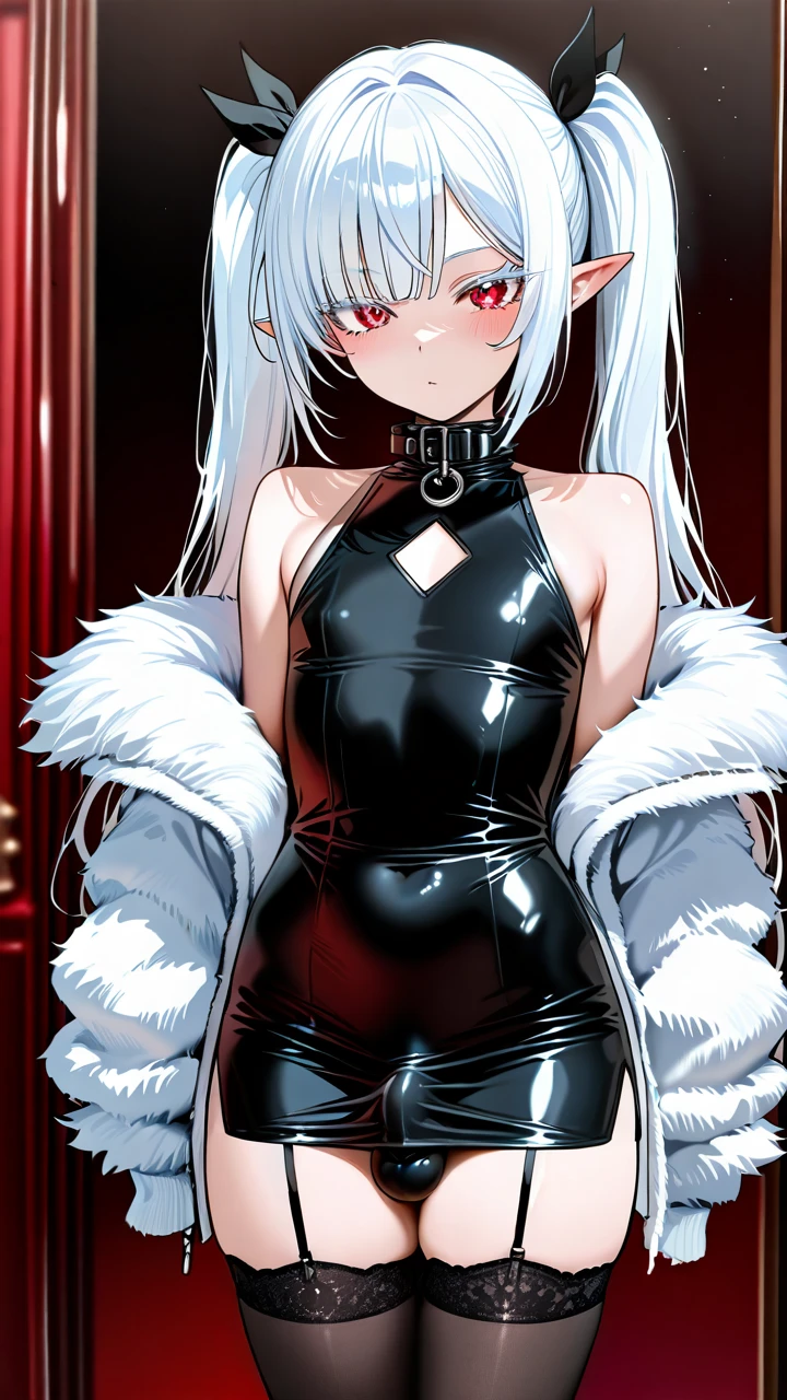 (otoko_no_ko) white_hair long_hair twin_ponytails white_eyelashes (red_eyes) pointy_ears side_bangs pencil_dress white_thighhighs garter_straps fur_jacket bare_shoulders collar penis_bulge erection_under_dress