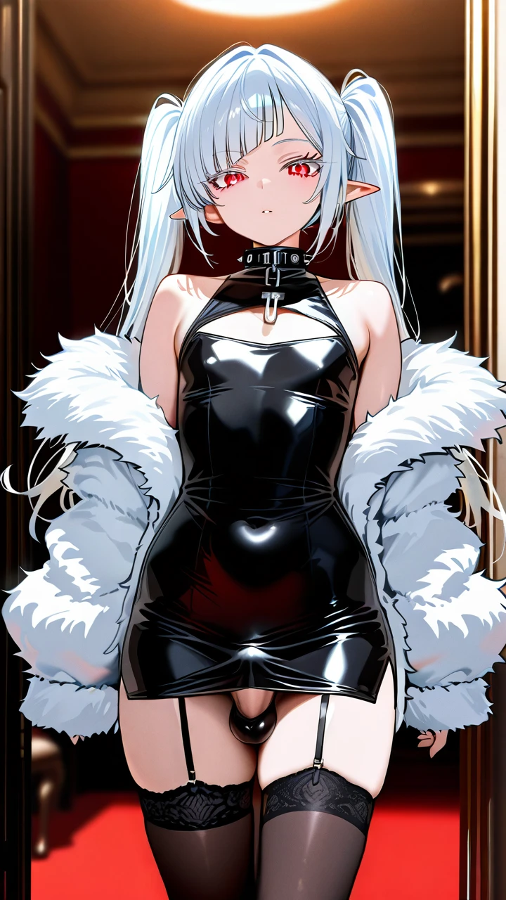 (otoko_no_ko) white_hair long_hair twin_ponytails white_eyelashes (red_eyes) pointy_ears side_bangs pencil_dress white_thighhighs garter_straps fur_jacket bare_shoulders collar penis_bulge erection_under_dress