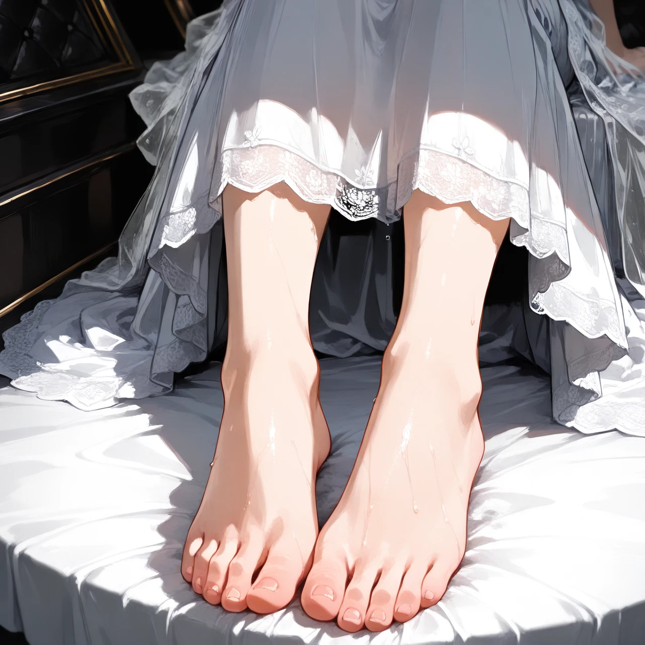 Artoria Pendragon (lying) dead in a coffin and completely barefoot with a bride's dress. Show full body from head to toe