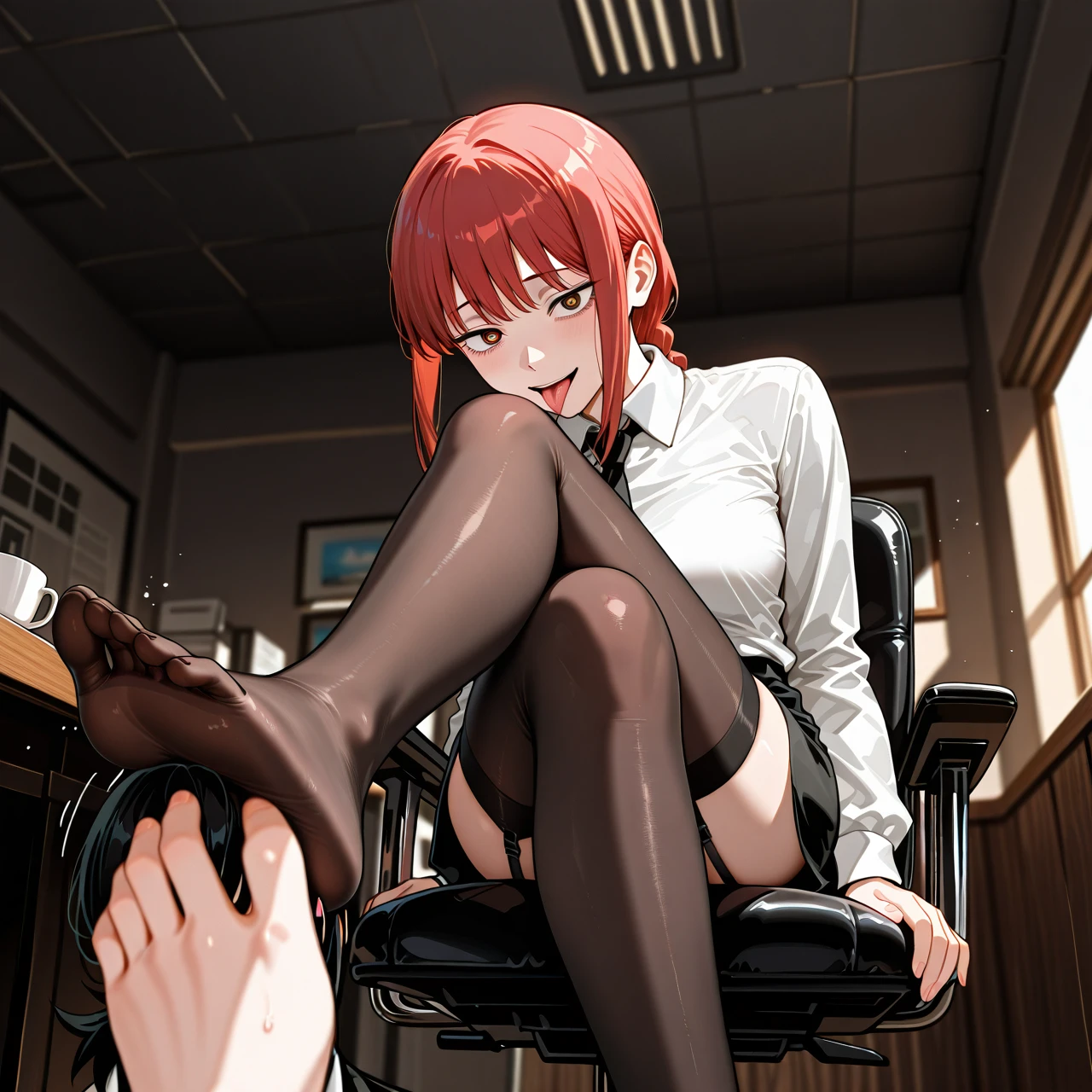 2girl, In an office setting, (Makima is sitting on a chair holding a cup of coffee with a pleased dominant look). The scene captures the stark contrast in their (power dynamics), illustrating the tension and submission between the two girls.  (Kobeni, with a submissive scared look, is seen on her knees licking Makima's foot, she is wearing black skirt and stockings), @higashiyama_kobeni,  @makima, (landscape view), lesbian sex