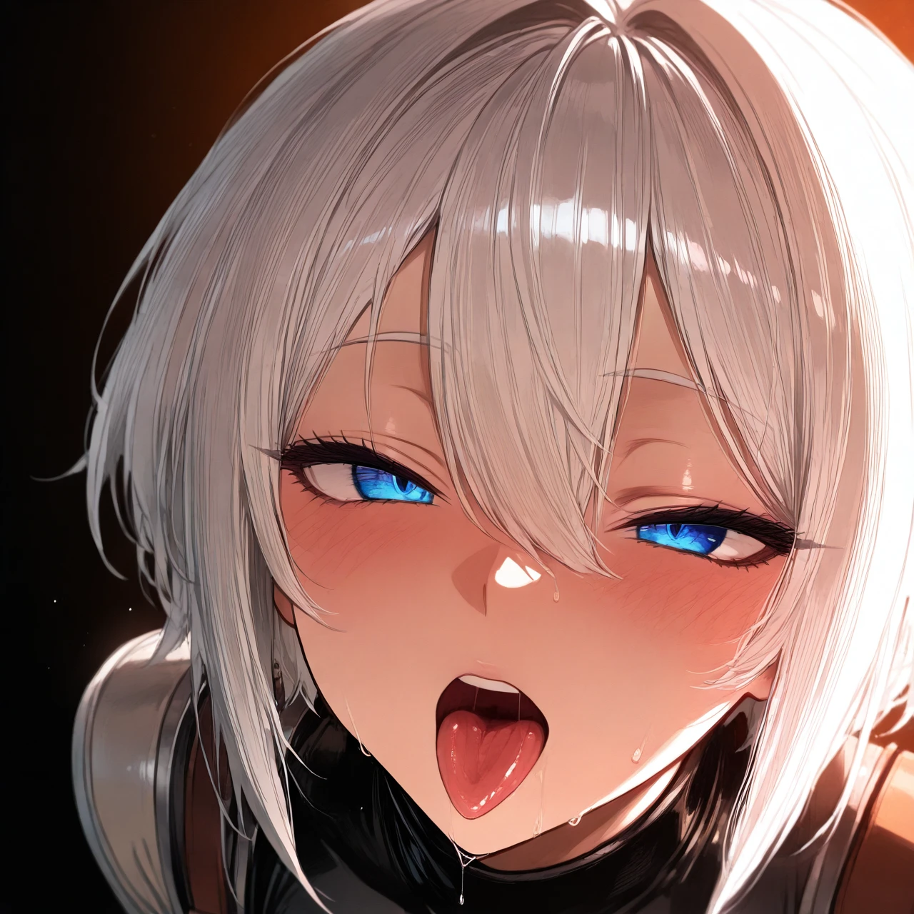 Saiko Intelli(my hero academy)  , half-open eyes , tongue long , white hair , manokl