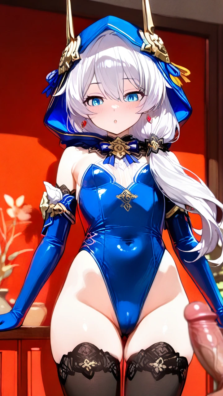 @theresa_apocalypse (otoko_no_ko) thighhighs blue_clothes leotard elbow_gloves hood blue_eyes white_hair penis_bulge