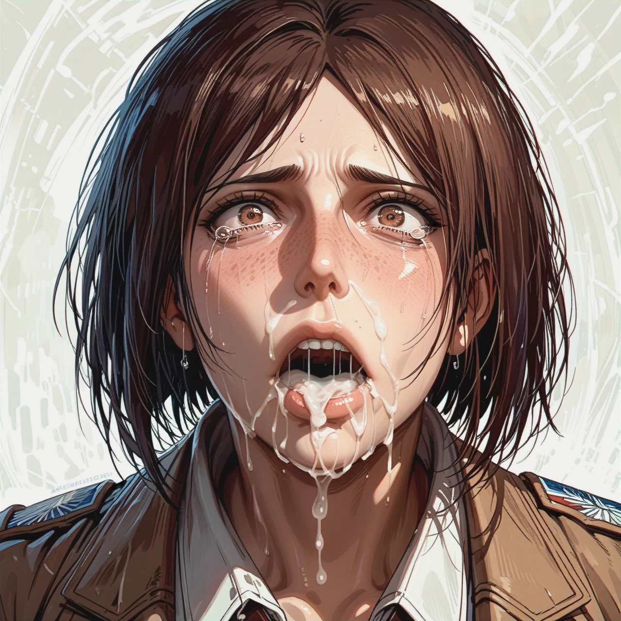 @ymir deepthroat cum, huge_throat_bulge, wide_eyes, tears, in_shock, nose_cum