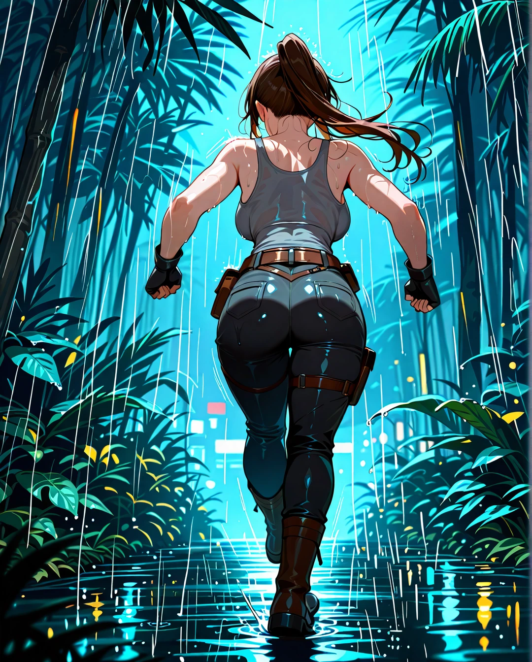 score_9, score_8_up, score_7_up,score_6_up, score_5_up, score_4_up , 1girl, solo, large breasts, LaraDG, long hair, ponytail, brown hair, brown eyes,  fingerless gloves, boots, belt, pants, tank top, grey shirt,  jungle, night, rain, motion lines,  running, looking at viewer,   <lora:Lara Croft LoLC PXL v01:0.90>